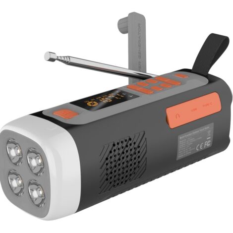 Radio de emergencia LR-7D DAB+ con FM/Bluetooth, radio digital portátil a batería con alarma SOS, luz nocturna y linterna, cargador solar con manivela USB-C para camping.