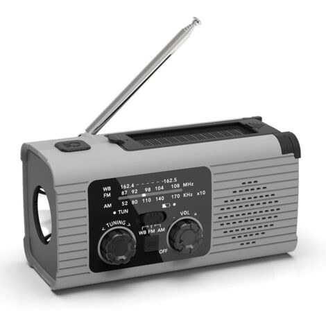 Radio de emergencia multifunción AM/FM con manivela/Radio de emergencia solar con manivela, alarma SOS, 4000 mAh, color gris