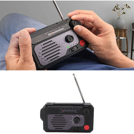 Radio de emergencia portátil, solar y manual, AM/FM/WB con luz LED SOS para acampadas y actividades al aire libre (ABS/Aluminio, 15 cm, negro).