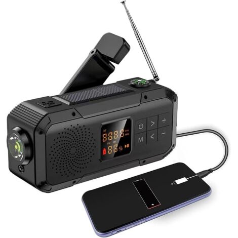 Radio de emergencia solar con manivela de 2000 mAh, radio meteorológica con manivela, linterna, cargador de teléfono celular, radio de supervivencia, radio AM/FM, radio a batería, suministros de emerg