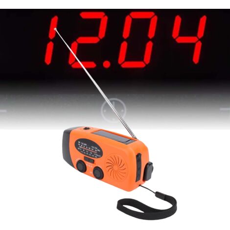 Radio de manivela con función solar, color naranja, batería externa, AM/FM/WB, alarma SOS, iluminación LED, carcasa de ABS, 145 mm x 55 mm