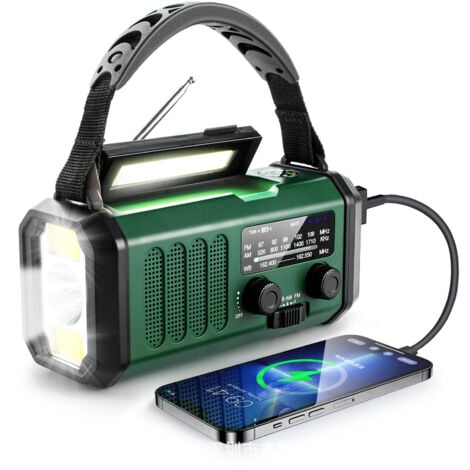 Radio de manivela, radio de emergencia, radio solar, radio meteorológica NOAA/AM/FM, carga USB tipo C, radio dinámica, batería de polímero, linterna LED y luz de lectura, alarma SOS, brújula para acam