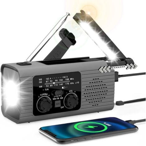 Radio de manivela Solar,Radio de energía Solar  Funciona con Pilas Am/FM/NOAA,Radio Linterna de 3 vías de Carga SOS Alarma Radio Banco de energía para Viajes Largos Viajes por Carretera