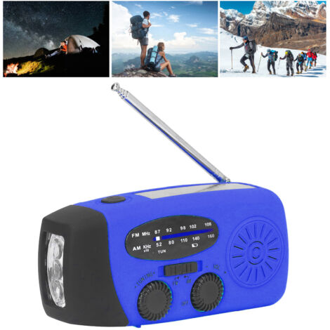 Radio de supervivencia con cargador solar y manual de instrucciones – Multifuncional con linterna LED y manivela para acampada – ABS, 12,8 cm, azul europeo