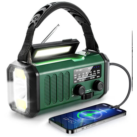 Radio de survie 10000mAh, lampe torche, énergie solaire et manivelle, AM/FM/météo, alarme SOS, port Type-C, vert militaire