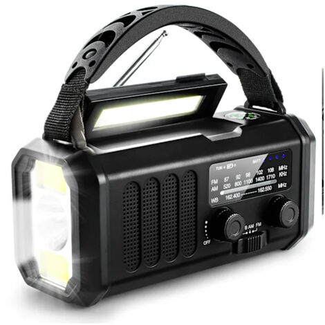 Radio de survie 10000mAh, lampe torche, énergie solaire et manivelle, réception AM/FM et météo, alarme SOS, port Type-C, noir