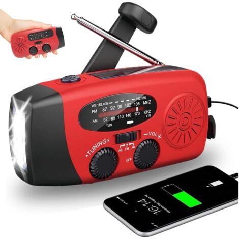 Radio de survie solaire dynamo portable rechargeable 2000 mAh AM/FM, lampe torche, fonction SOS, Powerbank - Kit de survie idéal pour le camping et la randonnée