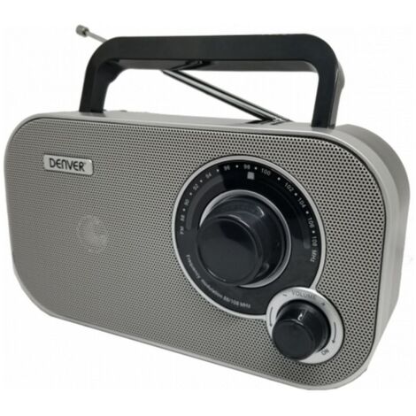 Radio Denver TR-51GREY con sintonización analógica FM. Se puede utilizar con corriente o pilas.