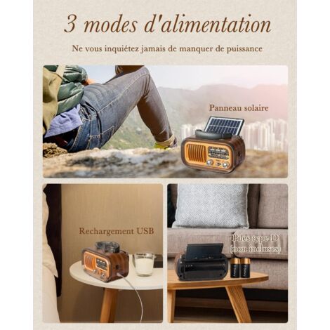 Radio d'epoca, PRUNUS J-150 Radio portatile ricaricabile AM/FM/SW con batteria da 1200 mAh e batterie D, radio Bluetooth a transistor con pannello solare, compatibile con USB/TF