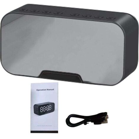 Radio despertador digital KZQ FM con puerto de carga USB, pantalla LED, temporizador de apagado, espejo portátil, altavoz Bluetooth inalámbrico, despertador para dormitorio y oficina (negro)