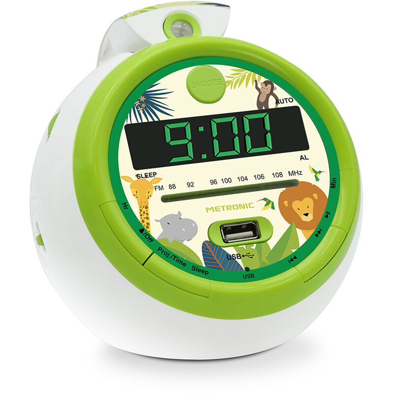 

477030 - Radio despertador FM, USB, proyección, doble alarma 'jungle' - Metronic