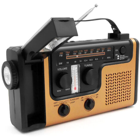 Radio di emergenza a energia solare, funzione Bluetooth, slot per scheda TF, batteria ricaricabile da 2000 mAh, torcia a LED, sirena SOS, ricevitore AM/FM/SW.