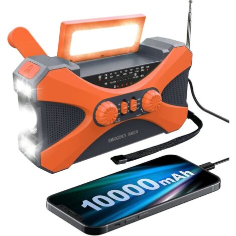Radio d'urgence 10 000 mA, Générateur à manivelle multifréquence, Lampe torche solaire, Radio météo AM/FM portable (Convient aux pannes de courant d'urgence, utilisation en extérieur)