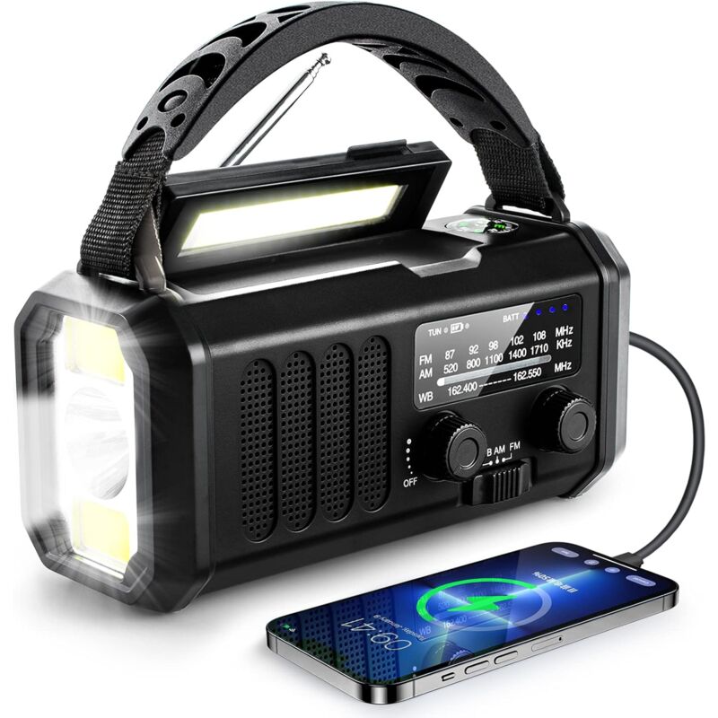 Radio d'urgence, 10 000 mAh/37 000 mWh, radio météo NOAA, radio solaire à manivelle avec AM/FM, lampe de poche et lampe de lecture, batterie