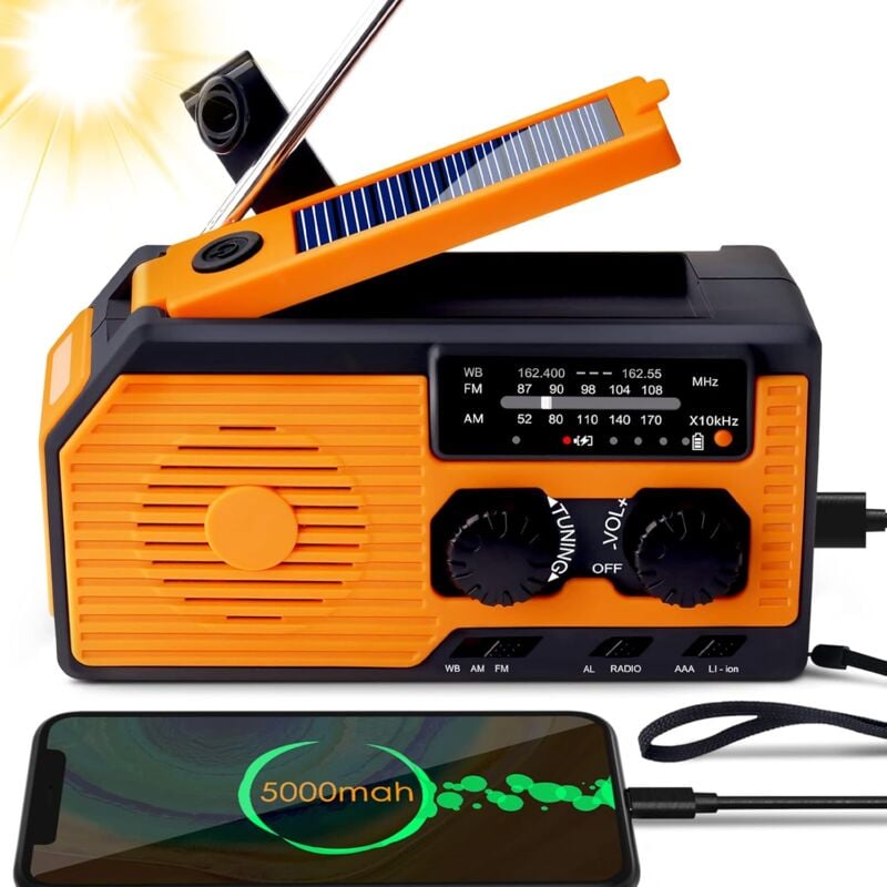 Radio Solaire d'Urgence,Radio d'urgence à Manivelle avec Charge Solaire, Batterie 5000mAh, Chargeur de Type C, Radio Météo avec Lampe de Poche,