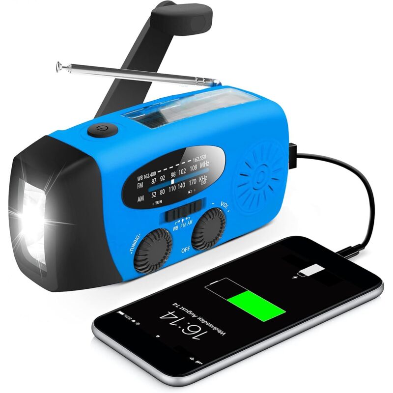 Radio d'urgence à manivelle avec lampe torche LED, AM/FM portable, comprend un chargeur de téléphone portable de 2000 mAh (bleu).