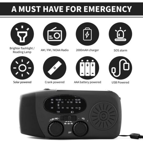 Radio d'urgence à manivelle, avec lampe torche LED pour AM/FM, dynamo météo portable NOAA, batterie externe 2000 mAh, chargeur de téléphone USB et camping solaire