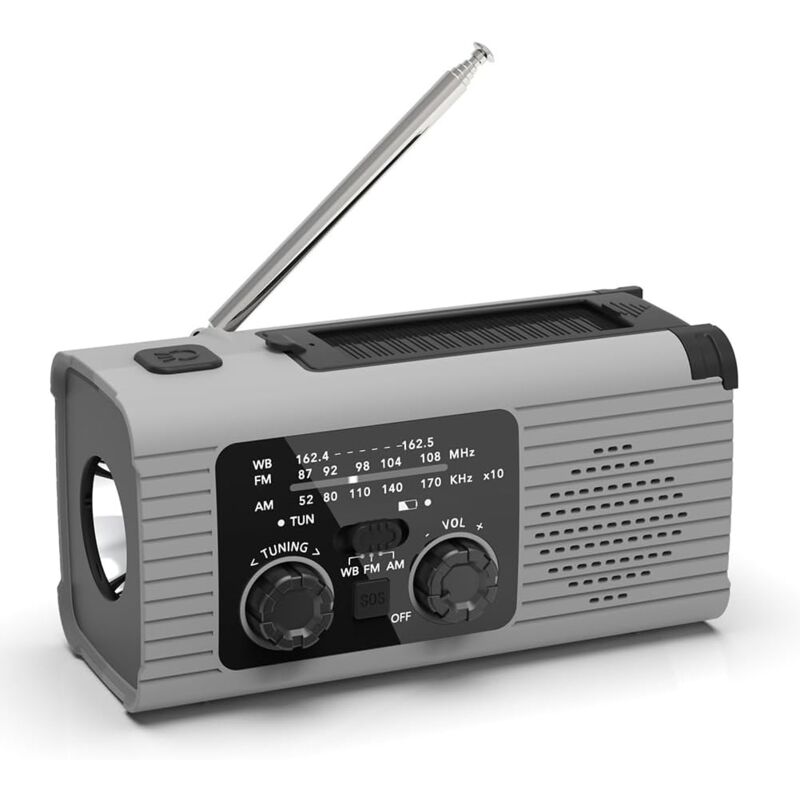 Radio d'urgence à Manivelle Multifonction AM/FM/Radio d'urgence Solaire à Manivelle Alarme SOS 4000 MAh Gris