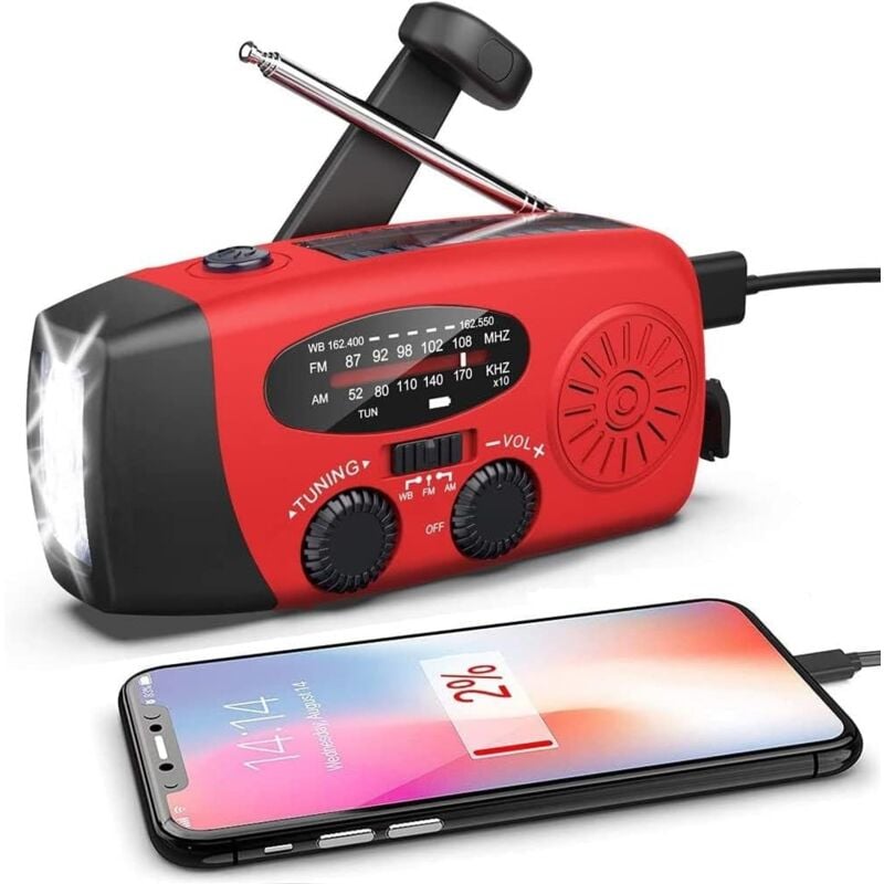 Radio d'urgence à Manivelle, Radio Météo Solaire avec Lampe de Poche LED/WB/Am/FM, 2000 Mah, Chargement usb, Adaptée pour Une Utilisation en Extérieur