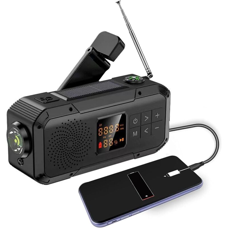 Radio D'Urgence à Manivelle Solaire 2000 Mah, Radio Météo à Manivelle Radio Lampe de Poche Chargeur de Téléphone Portable Radio de Survie Radio Am Fm