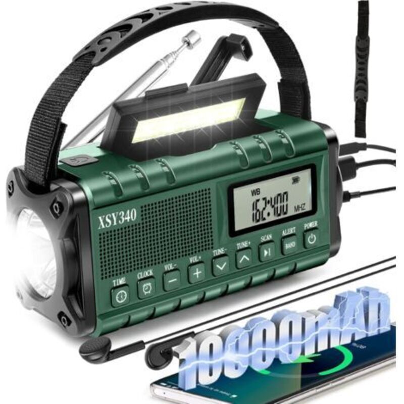 Radio d'urgence avec alerte météo portable, radio de survie numérique AM/FM à manivelle, réveil, lampe de poche d'urgence SOS, vert.