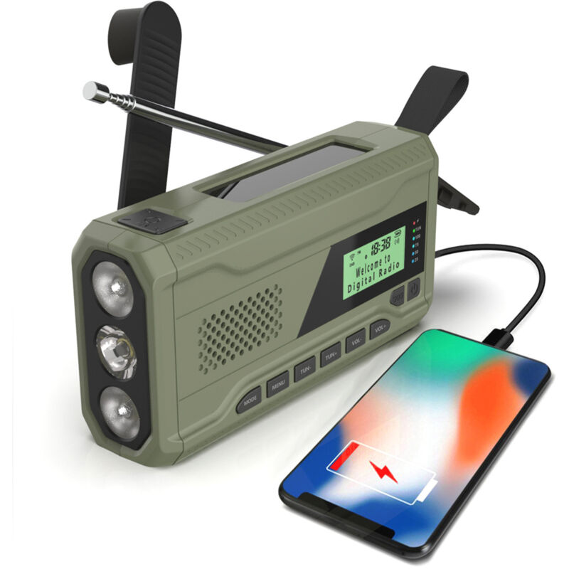 Radio d'urgence Bluetooth, récepteur radio portable avec manivelle et alimentation solaire.
