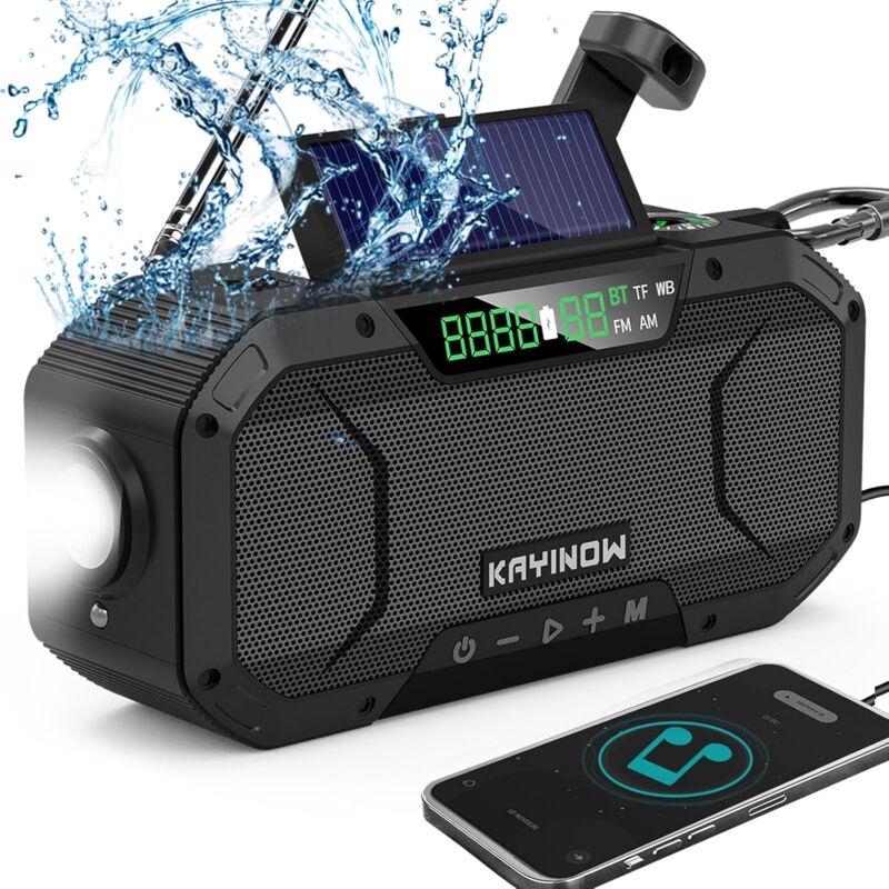 Radio d'urgence de manivelle solaire avec haut-parleur Bluetooth imperméable, Radio météorologique portable AM FM NOAA, Batterie rechargeable