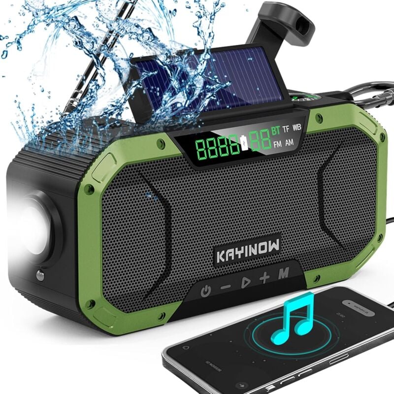 Radio d'urgence d'énergie solaire à manivelle à main avec haut-parleur Bluetooth imperméable, Radio météorologique AM FM NOAA portable, Batterie
