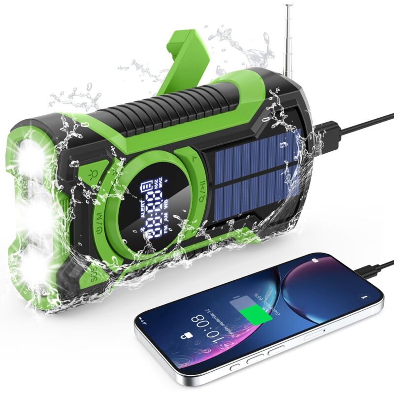 Radio d'urgence Manivelle solaire 5000mAh, IP65 imperméable à la poussière Bluetooth 5.3 Portable AM / FM / NOAA Radio d'alerte météorologique avec