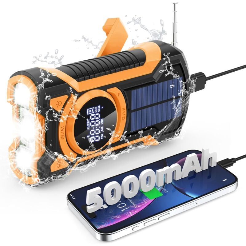 Radio d'urgence Manivelle solaire 5000mAh, IP65 imperméable à la poussière Bluetooth 5.3 Portable AM / FM / NOAA Radio d'alerte météorologique avec