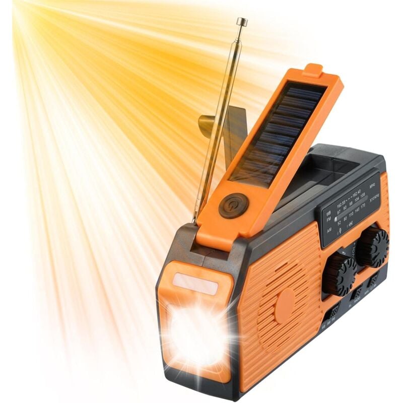 Radio d'urgence Météo 5000mAh, Radio à Ondes Courtes AM FM à manivelle Portable, Chargeur Solaire Multifonctionnel, Batterie étanche IPX3, Alarme