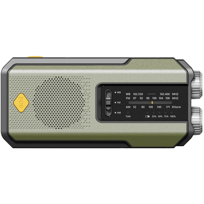 Radio d'urgence multifonction – Radio solaire à manivelle – Lampe torche – Batterie 2000 mAh – ABS – Vert militaire