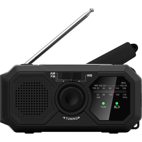 Radio d'urgence - Panneau solaire et manivelle - Lampe de poche LED - Radio météo - Radio AM/FM avec piles rechargeables (Noir)