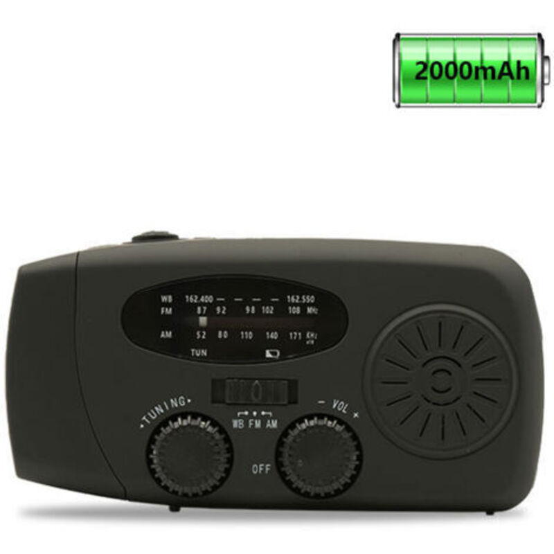 Radio d'urgence portable AM/FM/WB : Recharge solaire/manuelle/Type-C, lampe torche LED, power bank 2000mAh – Prévention catastrophes,noir