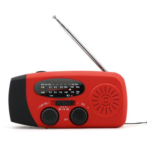 Radio d'urgence portable avec manivelle, batterie et lampe extérieure, idéale pour la survie en milieu naturel, rouge