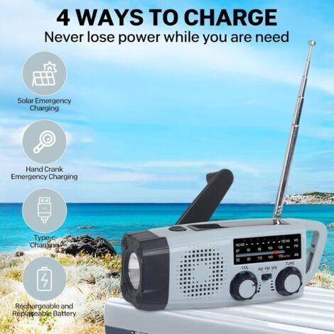 Radio d'urgence Portable FM/AM avec Batterie Solaire Rechargeable et manivelle Dynamo, Lampe de Poche LED, Batterie Externe 2000 mAh, Alarme SOS USB, pour Camping en Plein air (Gris Bleu)
