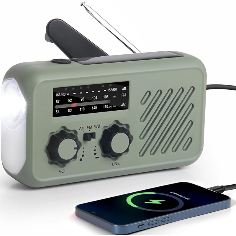 Radio d'urgence portable, fm/am/wb, avec manivelle rechargeable à énergie solaire, lampe de poche led et lampe de lecture, batterie externe 2 000