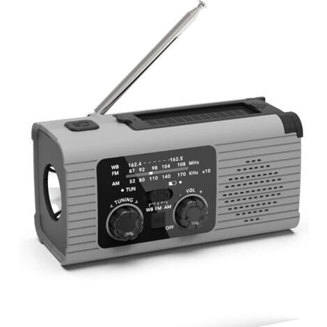 Radio d'urgence Portable - Radio Solaire à Manivelle, Alarme Sos avec Lampe De Poche LED, 3 Modes De Charge, Am/FM/NOAA AlimentéE par Batterie, Voyage, ExtéRieur (Gris)