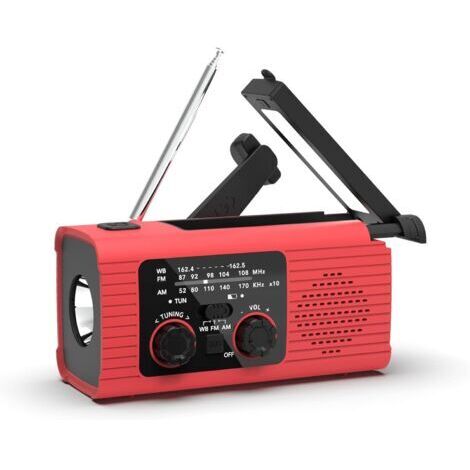 Radio d'urgence Portable - Radio Solaire à Manivelle, Alarme Sos avec Lampe De Poche LED, 3 Modes De Charge, Am/FM/NOAA AlimentéE par Batterie, Voyage, ExtéRieur (Rouge)