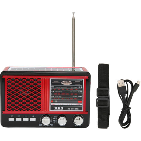 Radio d'urgence portable RS‑660BTS avec panneau solaire, lampe torche, prise AUX et réception multi-bandes