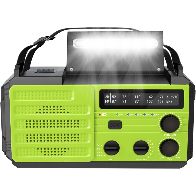 Radio d'urgence, radio météo solaire portable 6 000 mAh avec manivelle, lampe de lecture, lampe de poche LED à 3 niveaux, alarme SOS, AM/FM/NOAA,