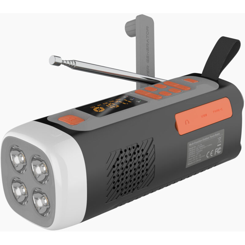Radio d'urgence – Radio solaire à manivelle – Écran couleur – LED – Batterie 4500 mAh – Noir – ABS