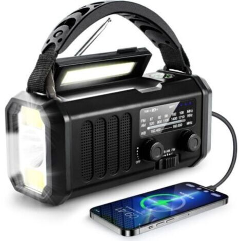 Radio d'urgence solaire à manivelle, batterie externe 10 000 mAh, diffusion météo, éclairage et alarme SOS, adaptée aux situations d'urgence, noire