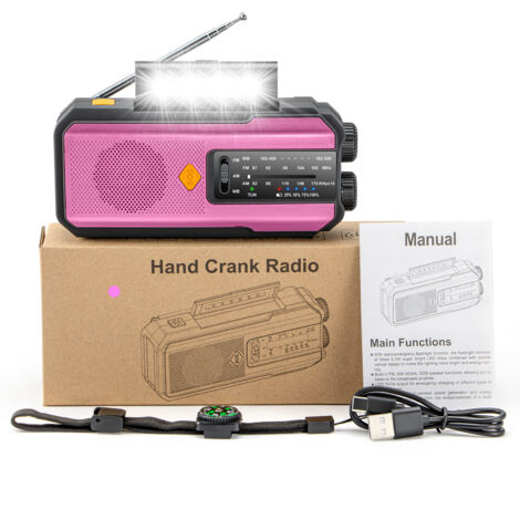 Radio d'Urgence Solaire avec Manivelle 2000mAh – Lampe LED, Alarme SOS et Batterie Externe, Résistante à l'Eau (Rose)