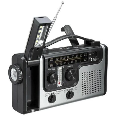 Radio d'urgence solaire portable à manivelle, DAB +, BT, FM, alarme SOS,  1600 mAh, lampe de lecture