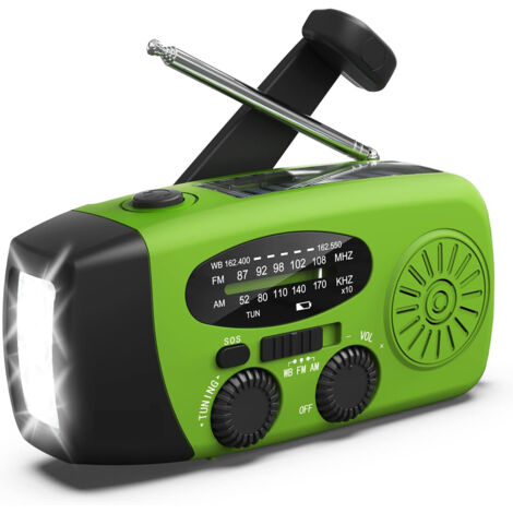 Radio dynamo AM/FM/NOAA avec lampe torche LED, batterie rechargeable 2000mAh par USB/solaire, pour urgences et camping, portable et vert.