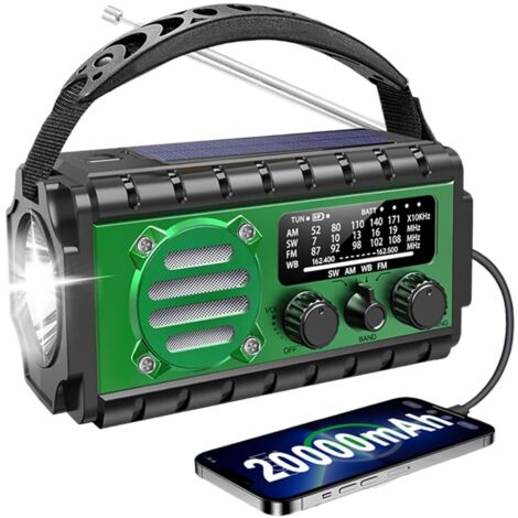 Radio Dynamo Portable de Survie 20000mAh - Radio AM/FM, Power Bank, SOS, Lampe Poche, Panneau Solaire, Recharge Manivelle/USB, Éclairage LED Longue Durée (Vert)