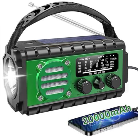Radio Dynamo Survie 20000mah Lampe Dynamo Survie SW/AM/FM Grande Batterie, Portable Charge de Téléphone Portable, SOS, Lampe de Poche Radio Manivelle Survie pour Urgence/Maison （Vert）