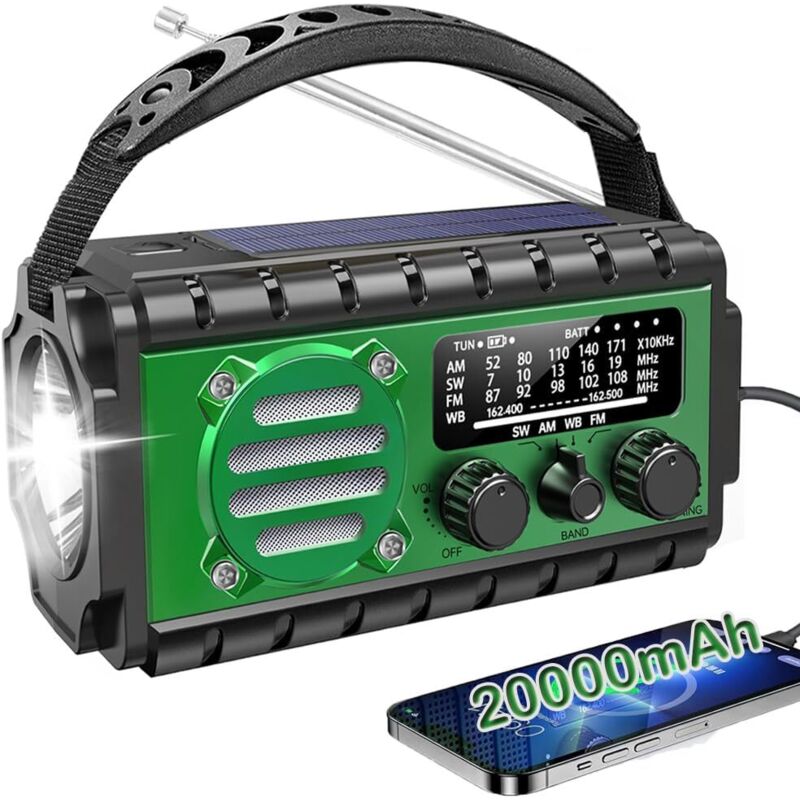 Radio Dynamo Survie 20000mah Lampe Dynamo Survie SW/AM/FM Grande Batterie, Portable Charge de Téléphone Portable, SOS, Lampe de Poche Radio Manivelle
