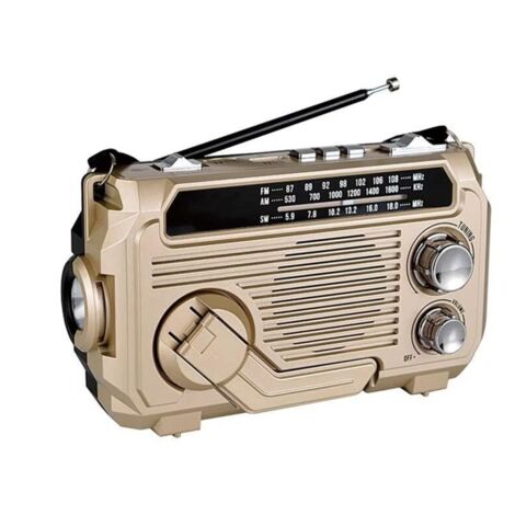 Radio FM/AM/SW con energía solar, receptor de emergencia con manivela, Bluetooth 5.2, compatible con USB/TF, color dorado.